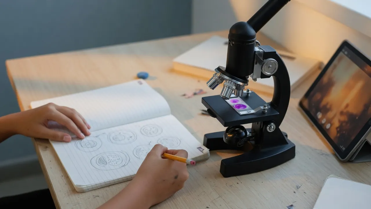 A teenager&rsquo;s hands sketch cells in a paper lab notebook beside a microscope with a stained slide, while a tablet sits off to the side.