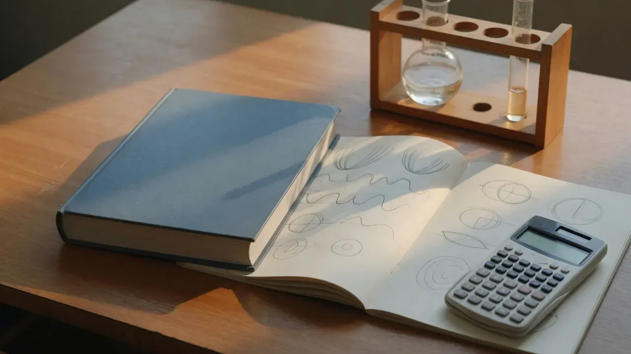 A thick textbook lying closed beside an open notebook of pencil sketches, a calculator, and a flask and test tube in a wooden rack.