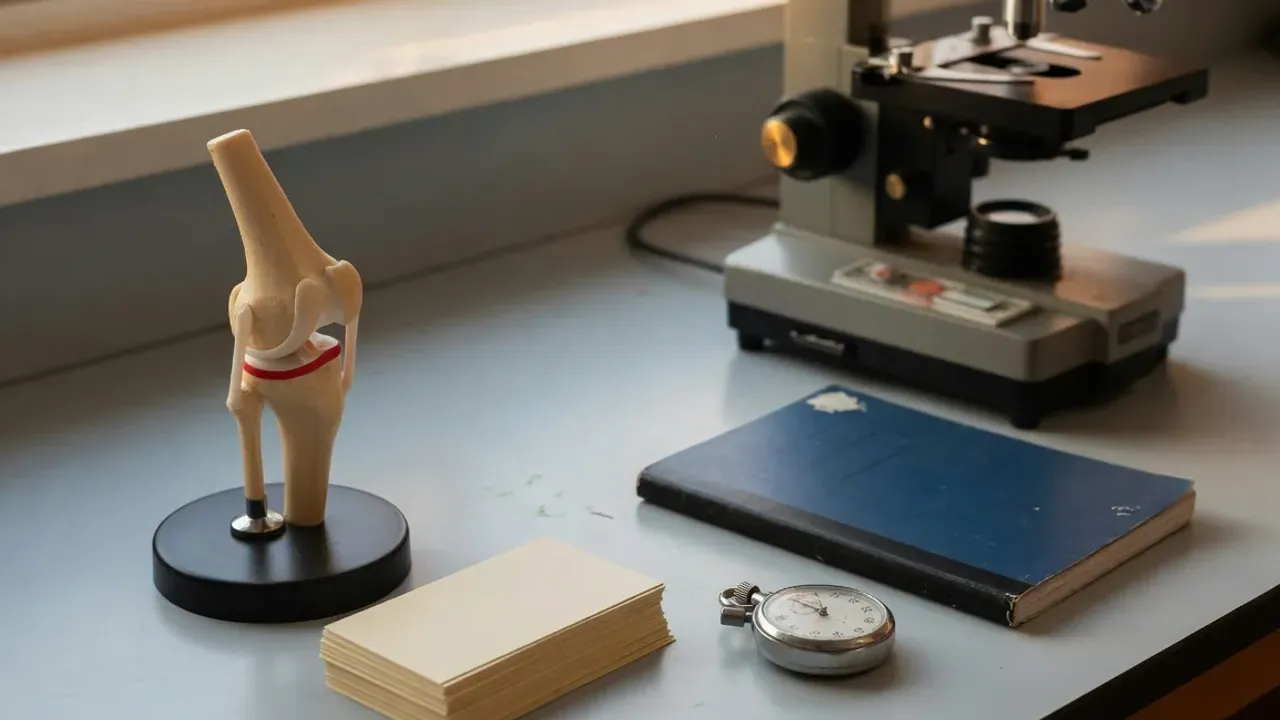 A college lab bench with an anatomical knee-joint model, a stack of blank index cards, a closed lab notebook, a stopwatch, and a microscope.