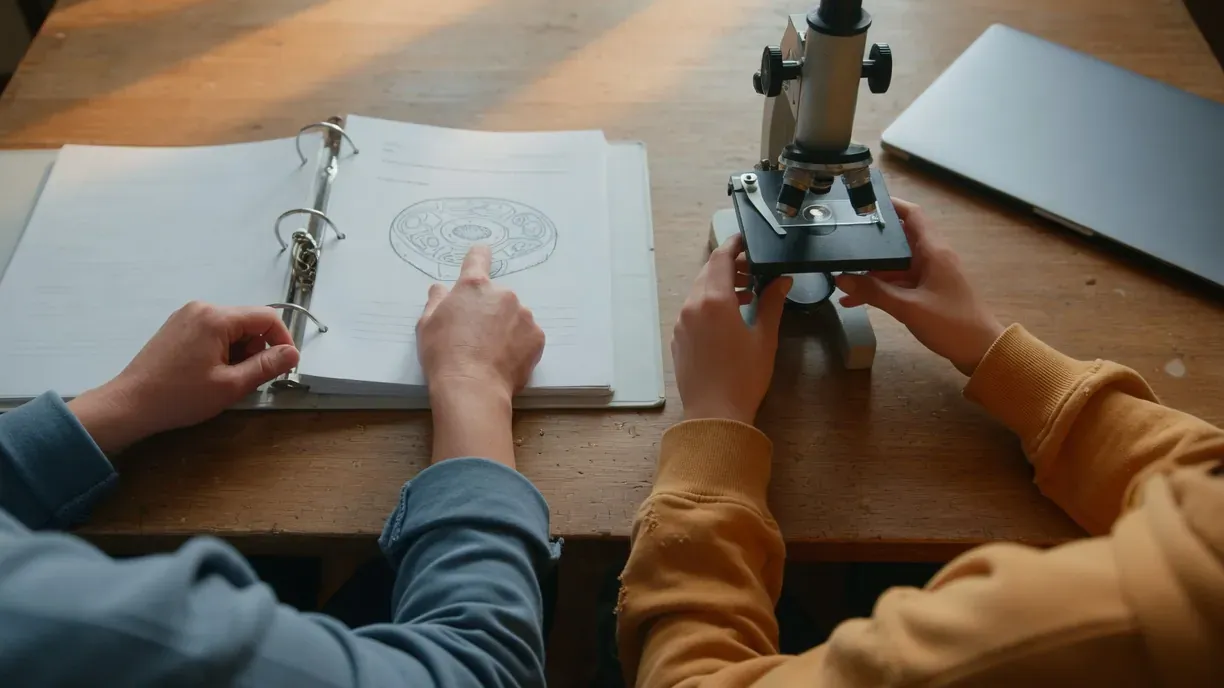 A parent points to a cell diagram in an open course binder while a teenager beside them holds a microscope stage; a closed laptop sits at the edge of the table.