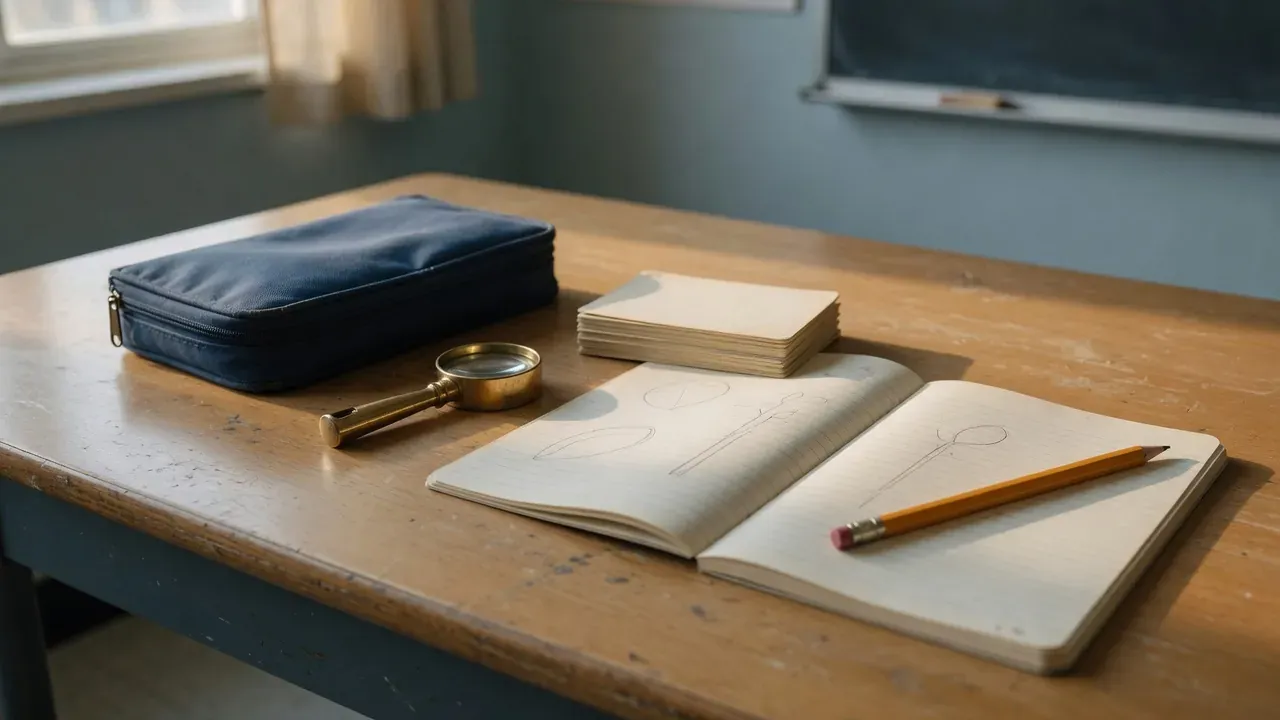 A closed dissection kit set aside on a classroom table beside a hand lens, a stack of blank index cards, and an open notebook with a pencil.