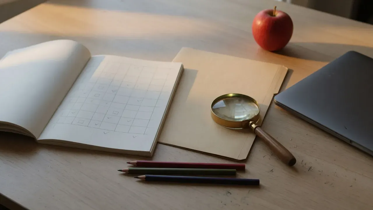 A notebook with a hand-drawn grid of check marks, a magnifying glass on a closed folder, colored pencils, a closed laptop, and an apple.