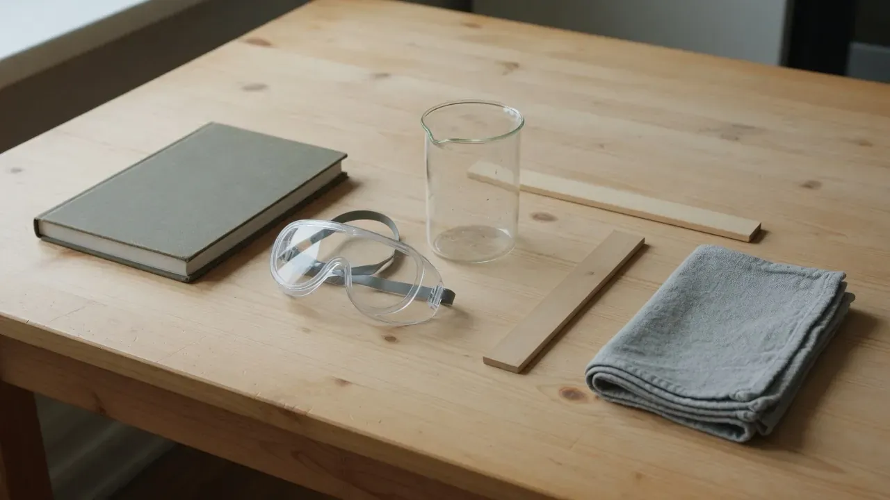 A cleared wooden kitchen table set out before any lab begins: a closed notebook, clear safety goggles, an empty glass beaker, two plain wooden rulers, and a folded towel.