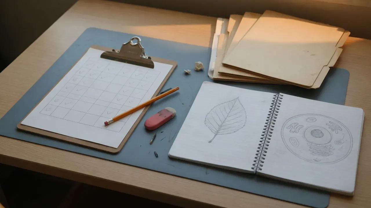 A clipboard holding a grid of boxes with pencil check marks, next to a notebook with drawings of a leaf and a cell, a pencil, an eraser, and a stack of folders.