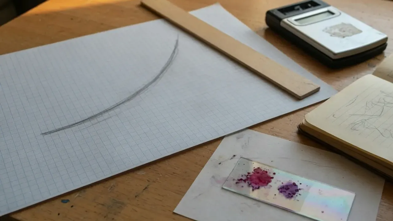 Graph paper with a hand-drawn pencil curve beside a ruler, a small handheld digital device, an open notebook, and a stained microscope slide.