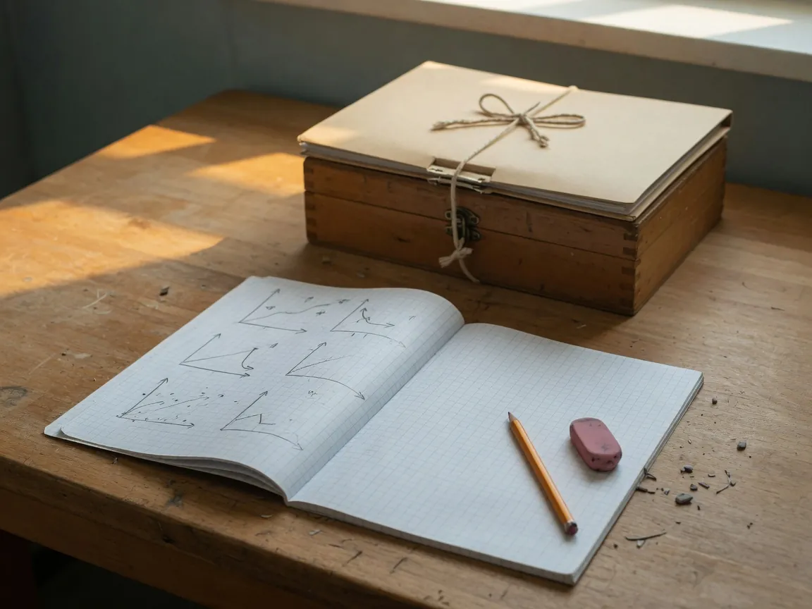 An open graph-paper workbook with pencil-sketched graphs, a pencil, and an eraser in front of a closed folder tied with string on a wooden box.