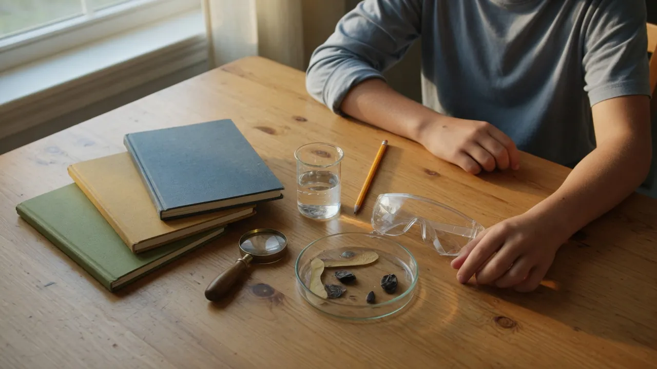Three closed notebooks stacked from thinnest to thickest beside a hand lens, a glass of water, a petri dish of seeds and dried leaves, safety goggles, and a pencil, with a teenager&rsquo;s arms resting on the table.
