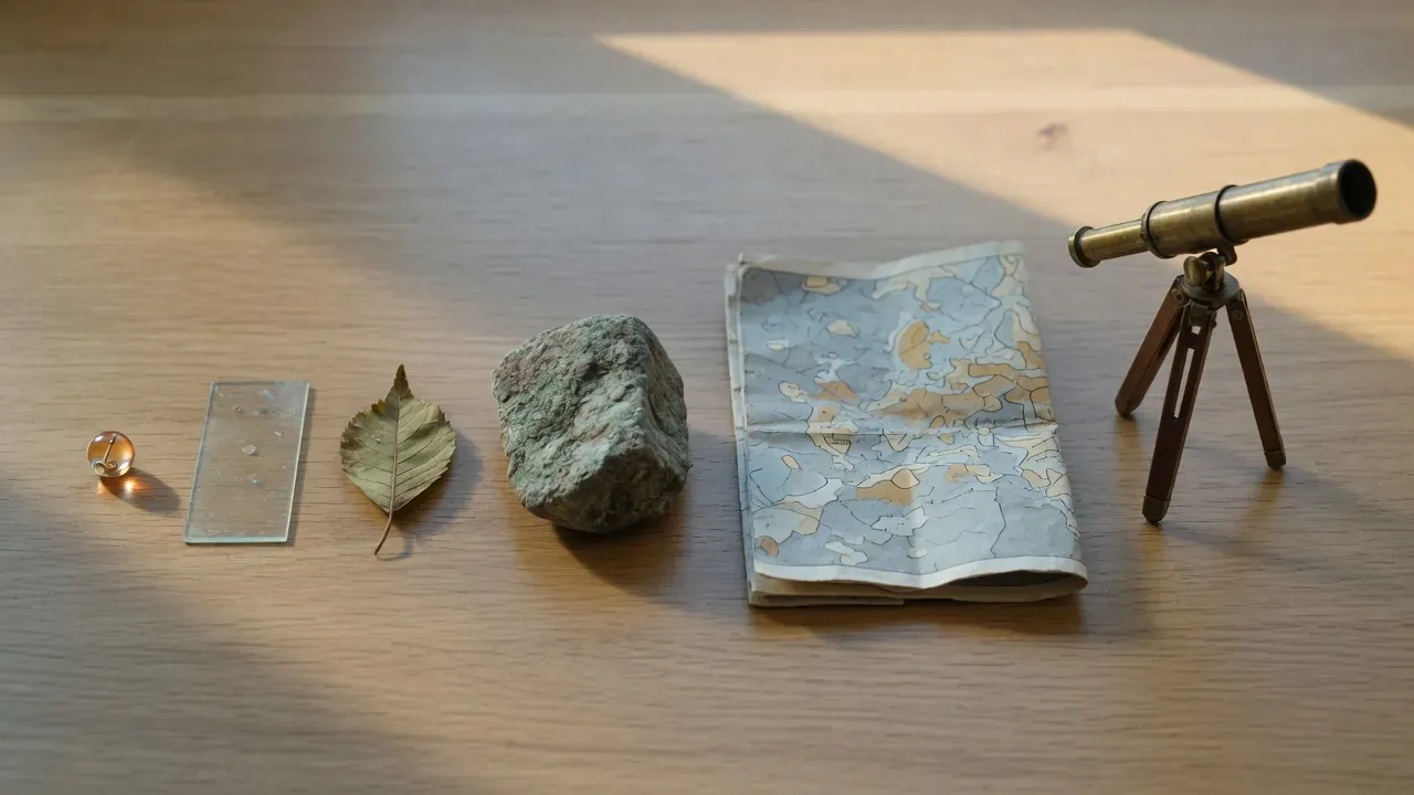 Objects lined up from small to large: a glass bead, a microscope slide, a leaf, a rock, a folded map, and a small brass telescope.