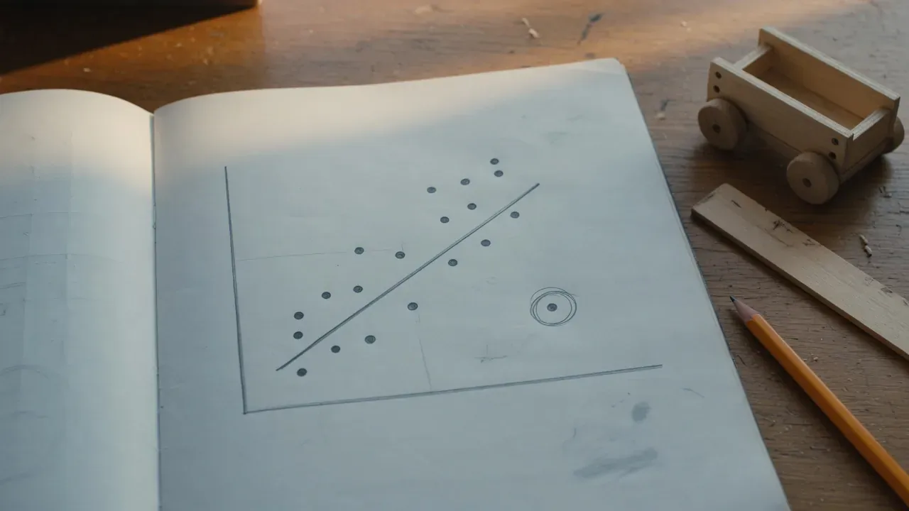 A hand-drawn scatter plot in a notebook, with a trend line through the dots and one outlying point circled, beside a toy cart, a ruler, and a pencil.