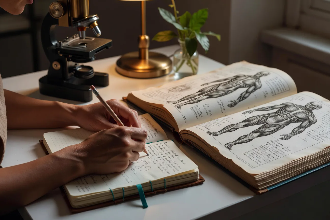 Hands writing notes in a lab journal beside a microscope and an open anatomy reference book under warm lamplight.