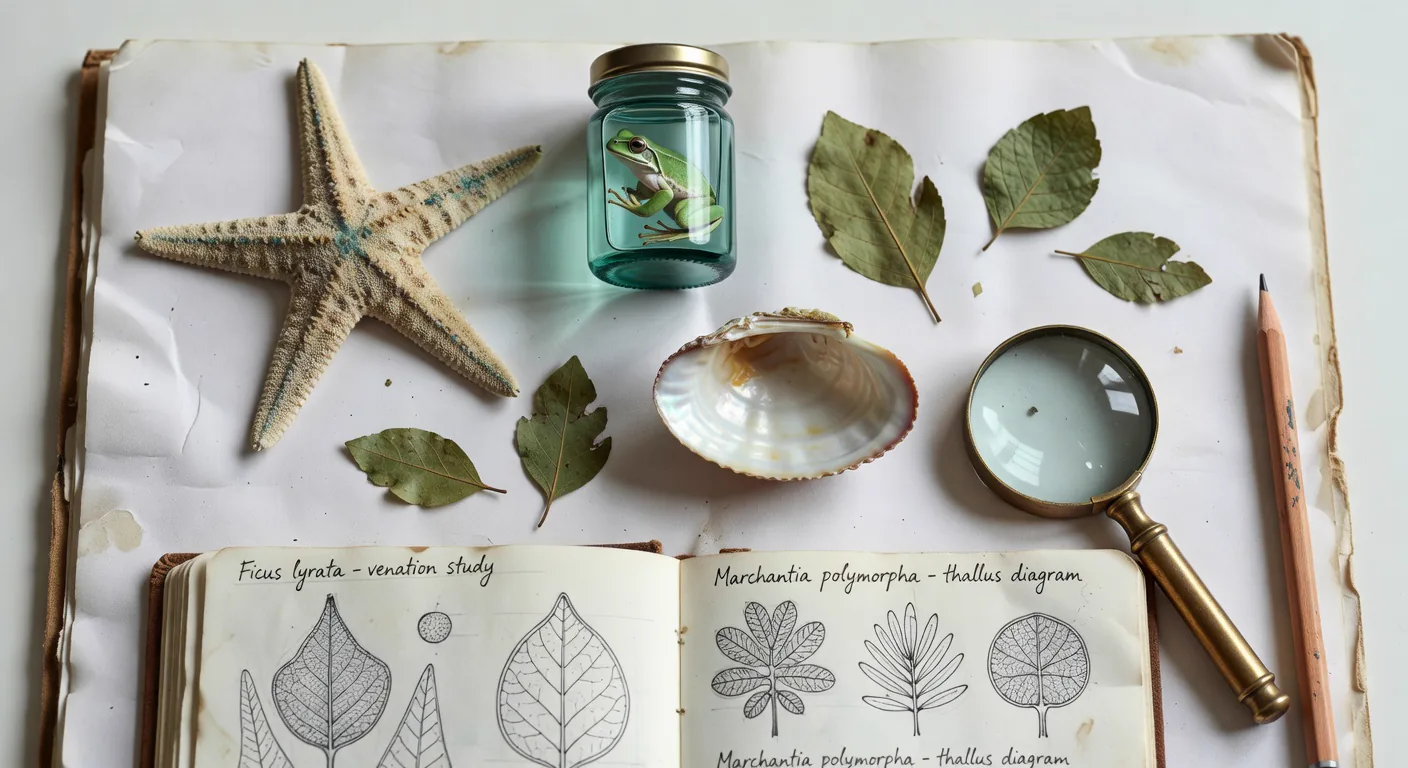 Curated specimens on aged paper: starfish, frog in a jar, leaves, shell, magnifying glass, with a botanical sketch journal below.