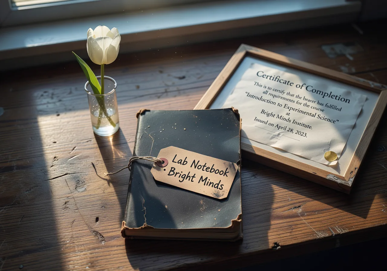 A bound lab notebook closed on a wooden bench beside a framed certificate of completion and a small glass beaker with a single white tulip.