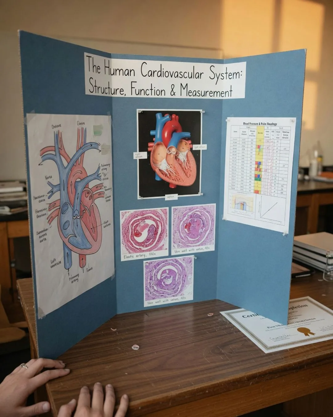 A tri-fold capstone display board on the cardiovascular system &mdash; a hand-drawn heart diagram, a heart-model photo, histology micrographs, a blood-pressure and pulse data table, and a certificate of completion, with a pair of hands steadying the board.