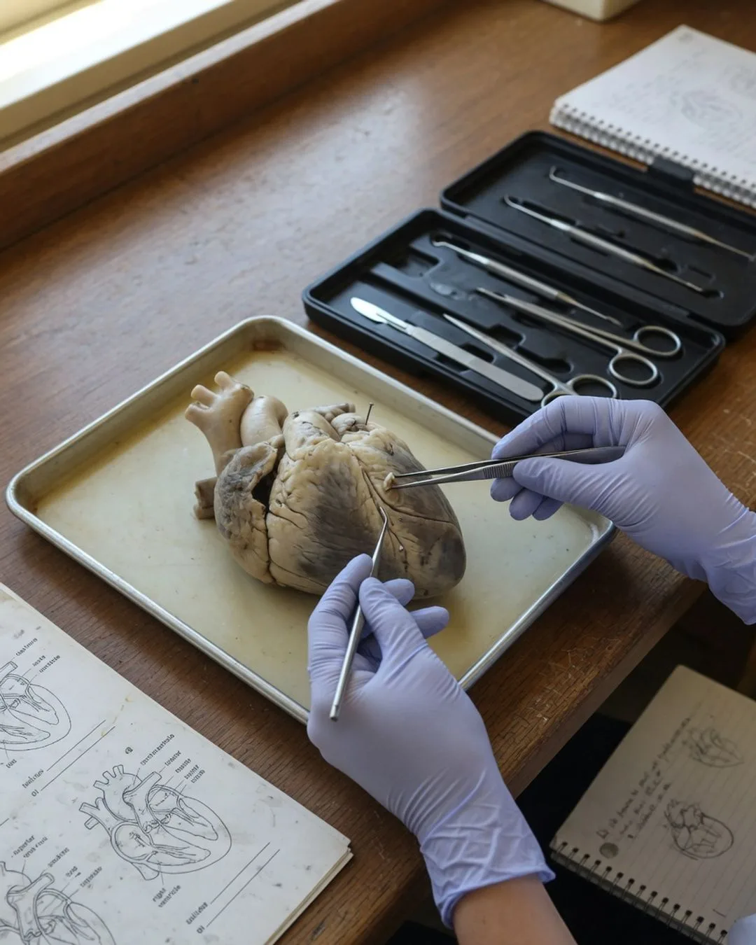 Gloved hands using forceps and a probe to examine a preserved sheep-heart specimen in a dissection pan, an open dissection kit beside it.
