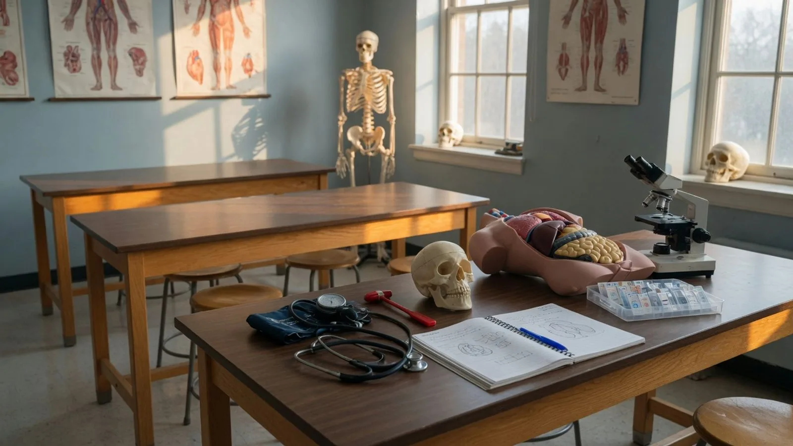 A human anatomy lab on a quiet Saturday morning: paired benches with an articulated skeleton, a torso model with removable organs, and a microscope beside a tray of histology slides, with a lab notebook open nearby.