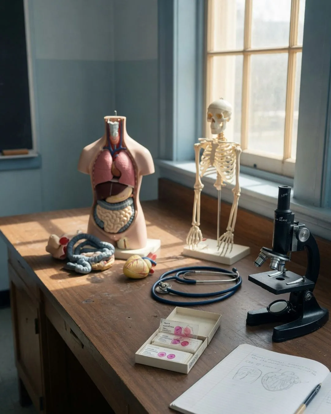 A quiet Saturday-morning human anatomy lab: paired benches with an articulated skeleton, a torso model with removable organs, a microscope beside a tray of histology slides, a stethoscope and a blood-pressure cuff, and an open lab notebook in warm natural light.