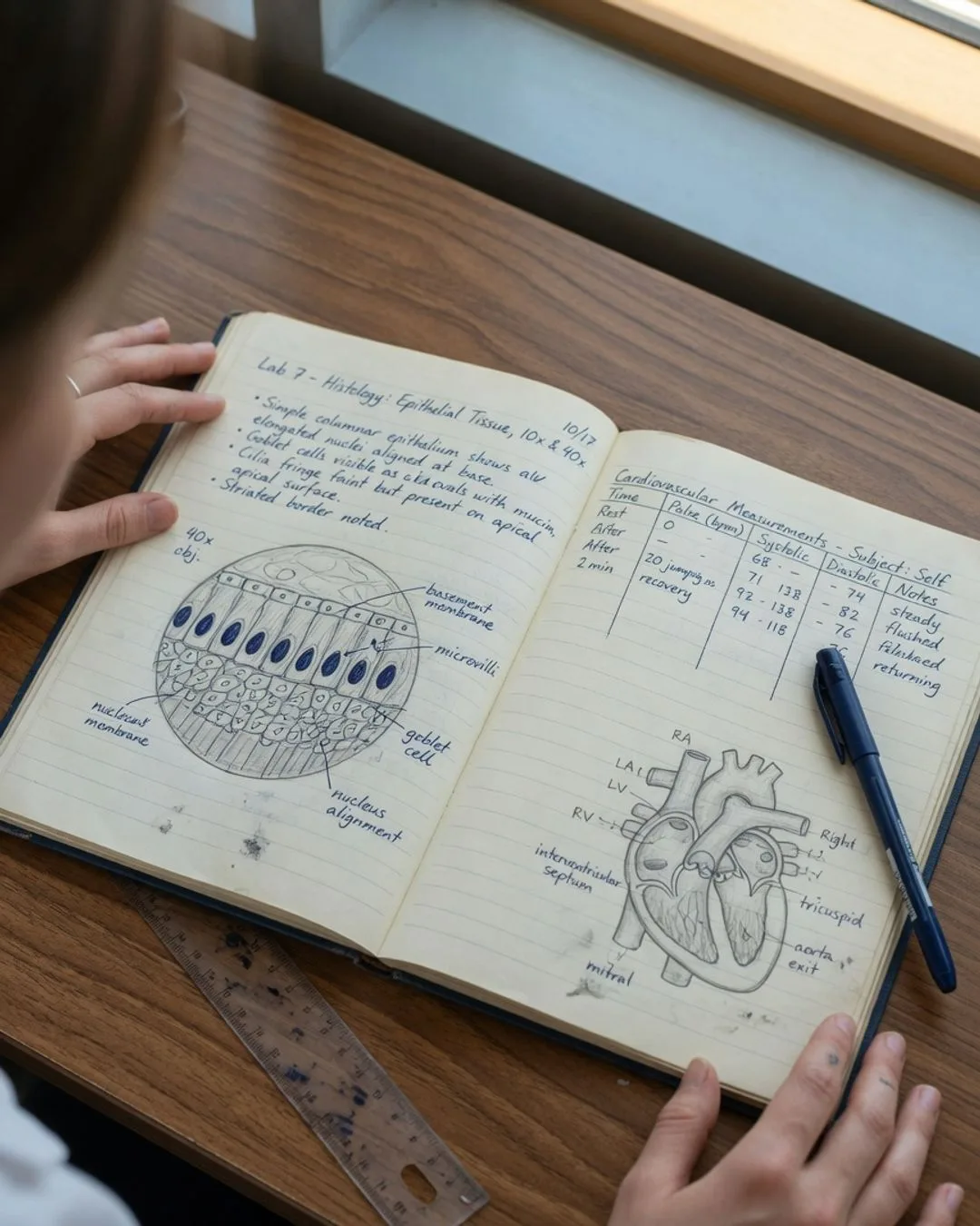 An open lab notebook spread with handwritten observations, a labeled tissue sketch, and a tidy pulse-and-blood-pressure data table.