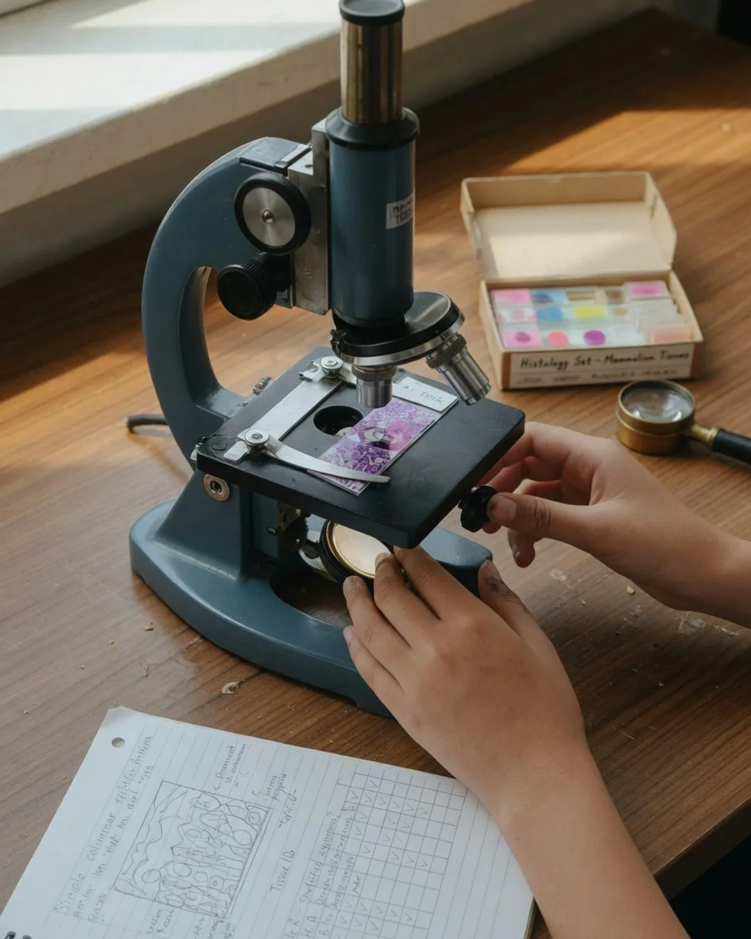 Gloved hands adjusting a microscope over a stained histology slide, a slide box and a hand lens beside a tissue-identification notebook.