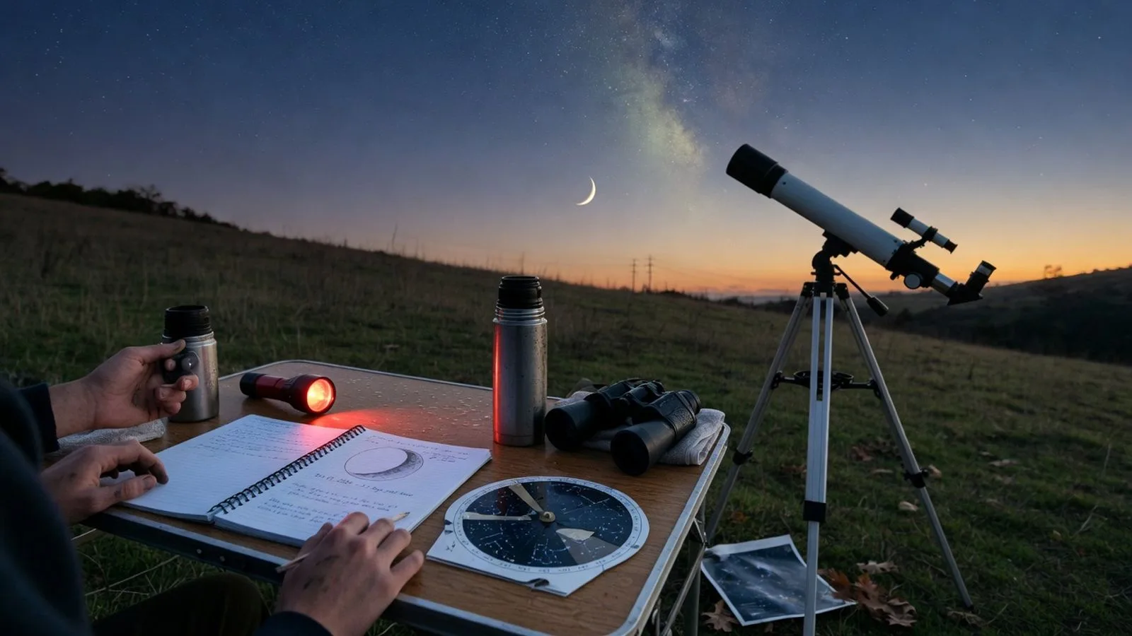 An evening observing setup on a quiet hillside at dusk: a refractor telescope on a tripod under a deepening indigo sky, binoculars and a planisphere on a field table, a red flashlight, and an open observation journal with a dated moon-phase sketch.
