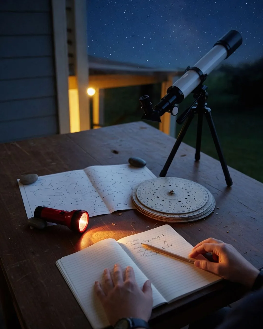 A quiet evening observation session: paired field tables under a deepening sky, binoculars, a planisphere and a red flashlight, and an open observation journal with a dated moon-phase sketch in warm lamplight.