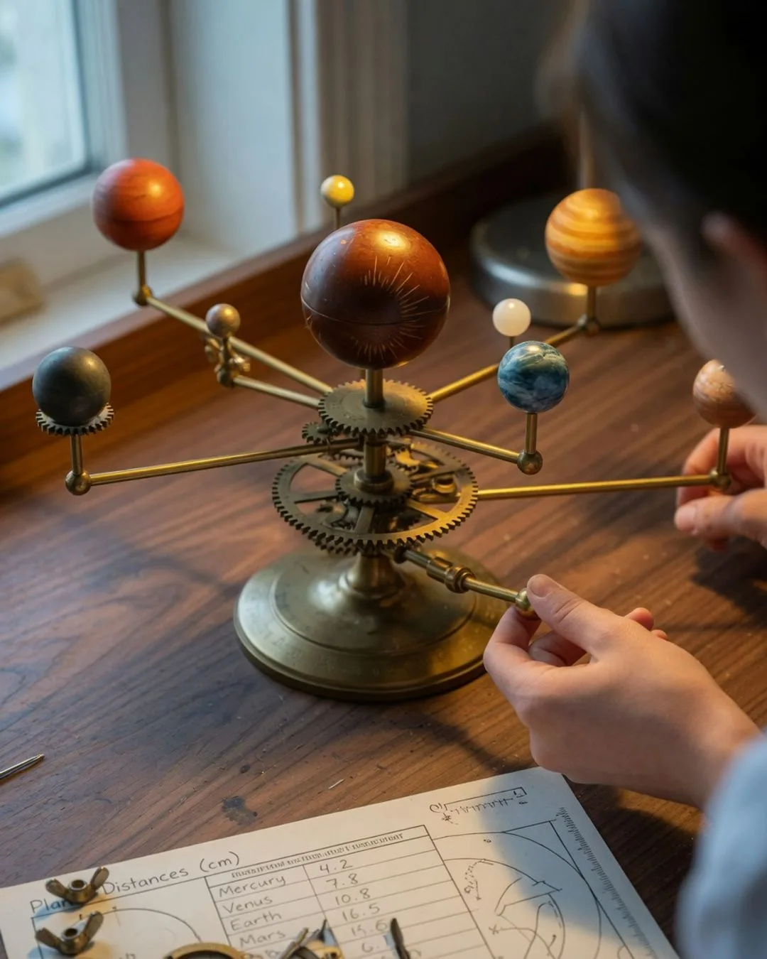 A brass solar-system orrery model on a desk with the Sun at the center and the planets on their arms, one hand turning the crank to advance the orbits, a hand-drawn planet-distance scale worksheet in front of it.