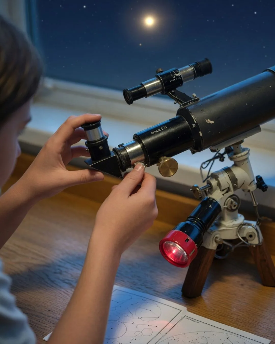 A small refractor telescope on a tripod under a deep-blue night sky, hands adjusting the focus knob beside a red flashlight.