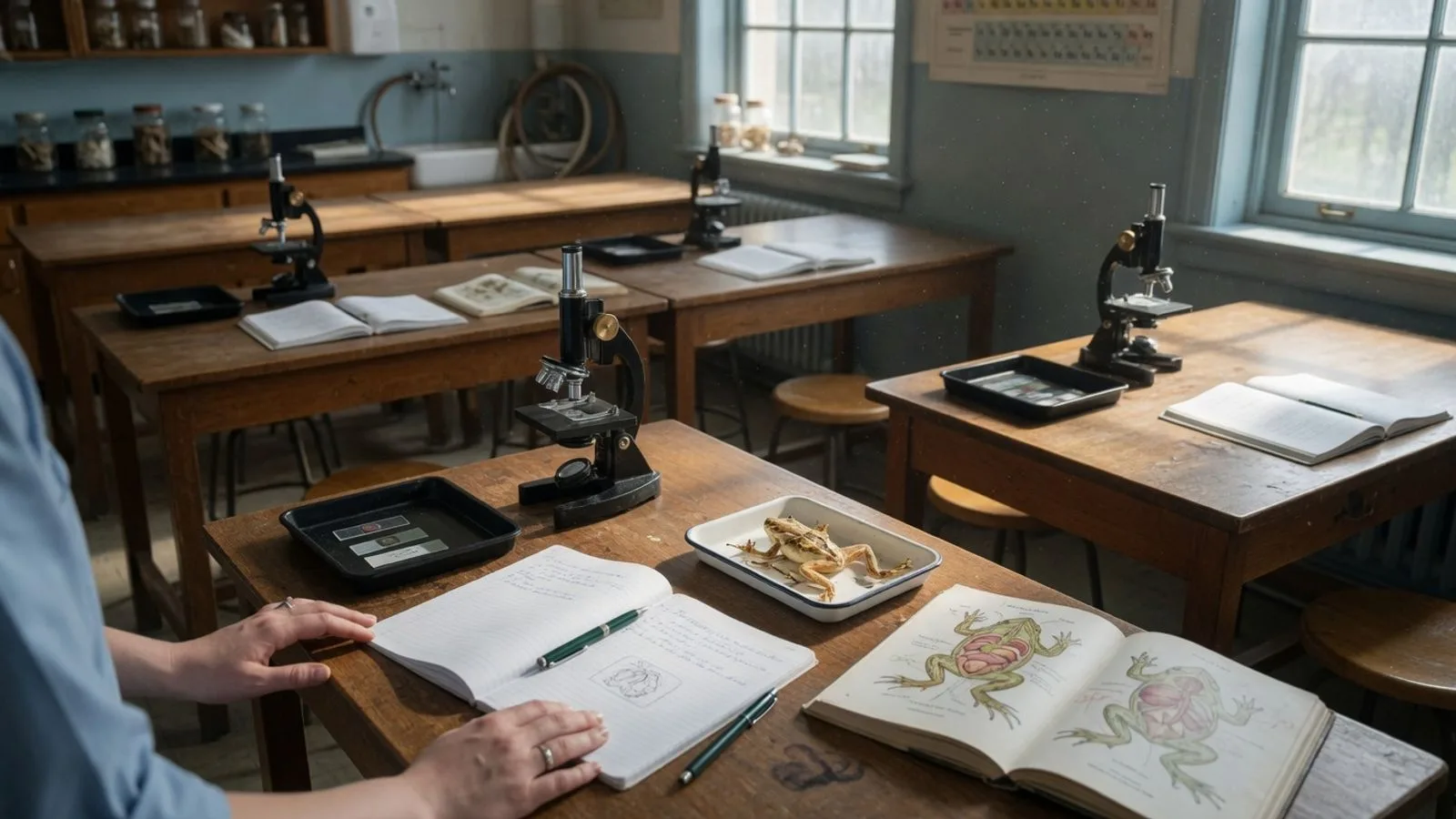 A biology lab on a quiet Saturday morning: paired benches with compound microscopes, a dissection tray, and a lab notebook open beside a labeled anatomy drawing.