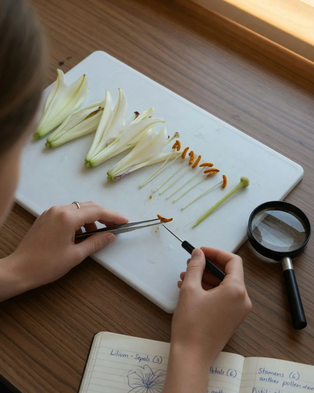 A flower dissected on a white board, its sepals, petals, stamens, and central pistil teased apart in order, worked with fine forceps beside a hand lens.