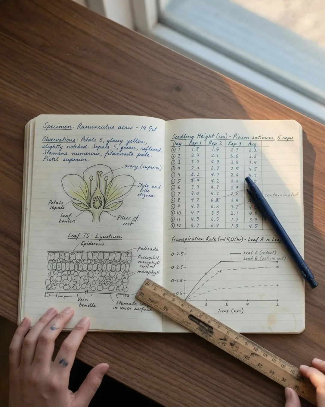 An open lab notebook spread with handwritten observations, a labeled plant diagram, and a tidy data table.