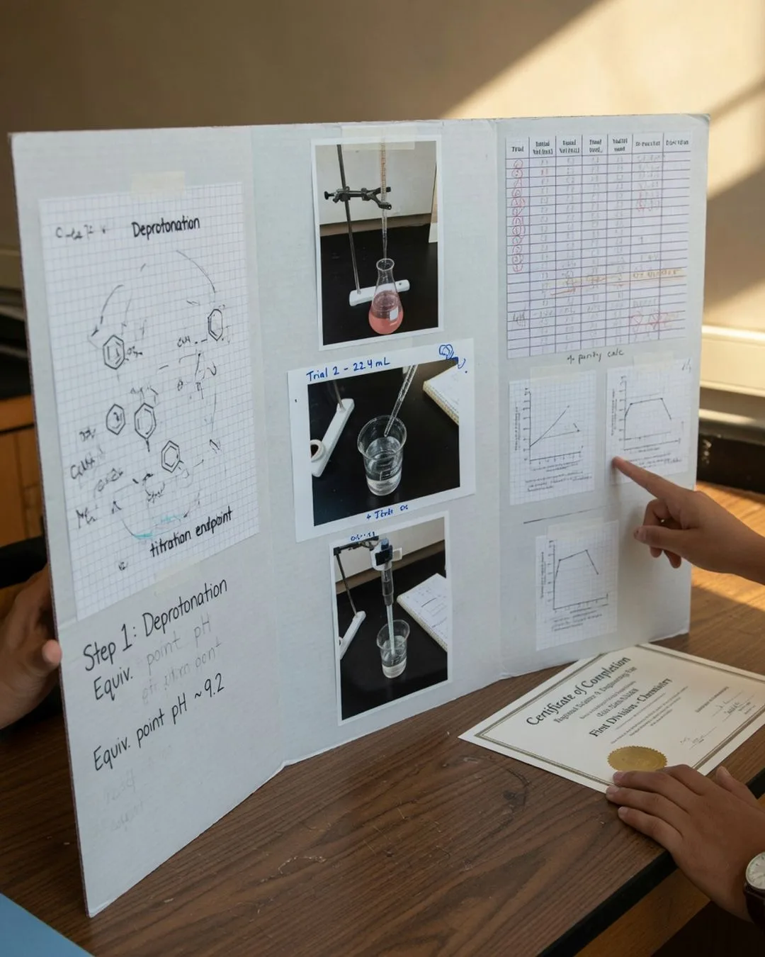 A student presenting results at a capstone defense, gesturing toward their data in front of a small audience.