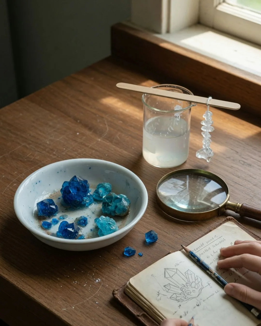 Freshly grown crystals in a dish catching the light, the solid product of a synthesis reaction.
