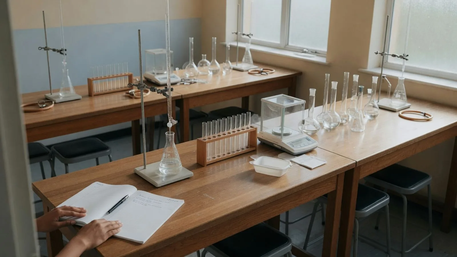 A chemistry lab on a quiet Saturday morning: paired benches with glassware and a titration setup, and a lab notebook open beside a balanced chemical equation.