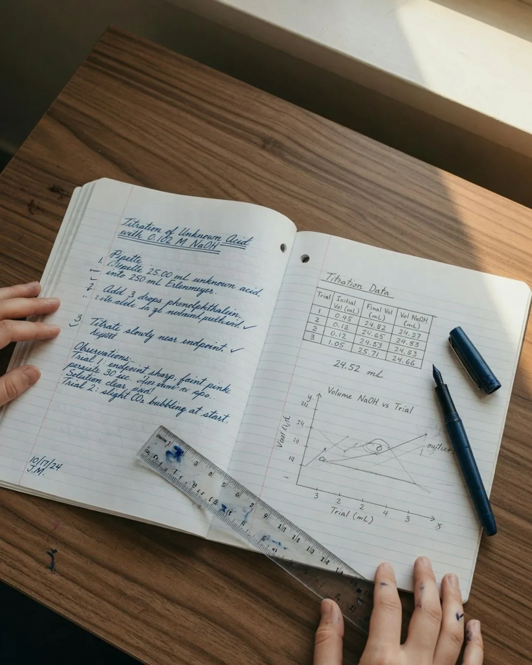 An open lab notebook spread with handwritten observations, a balanced equation, and a tidy data table.
