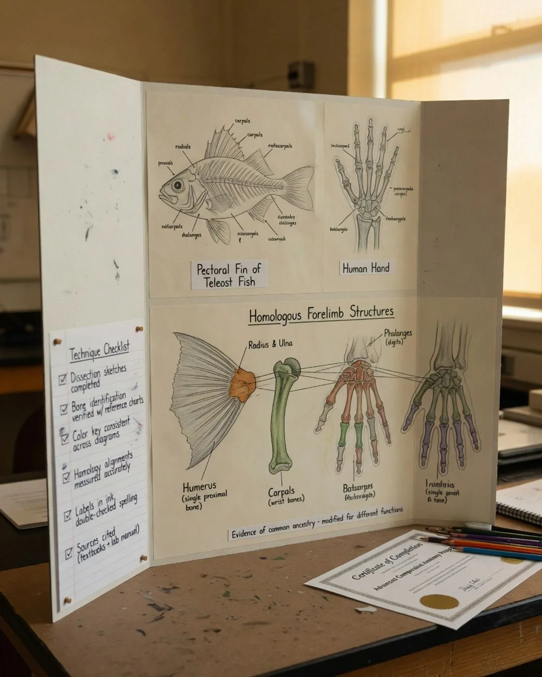 A student at a capstone defense beside a tri-fold board comparing a fish fin and a human hand — the homologous forelimb bones — with a technique checklist and a certificate.