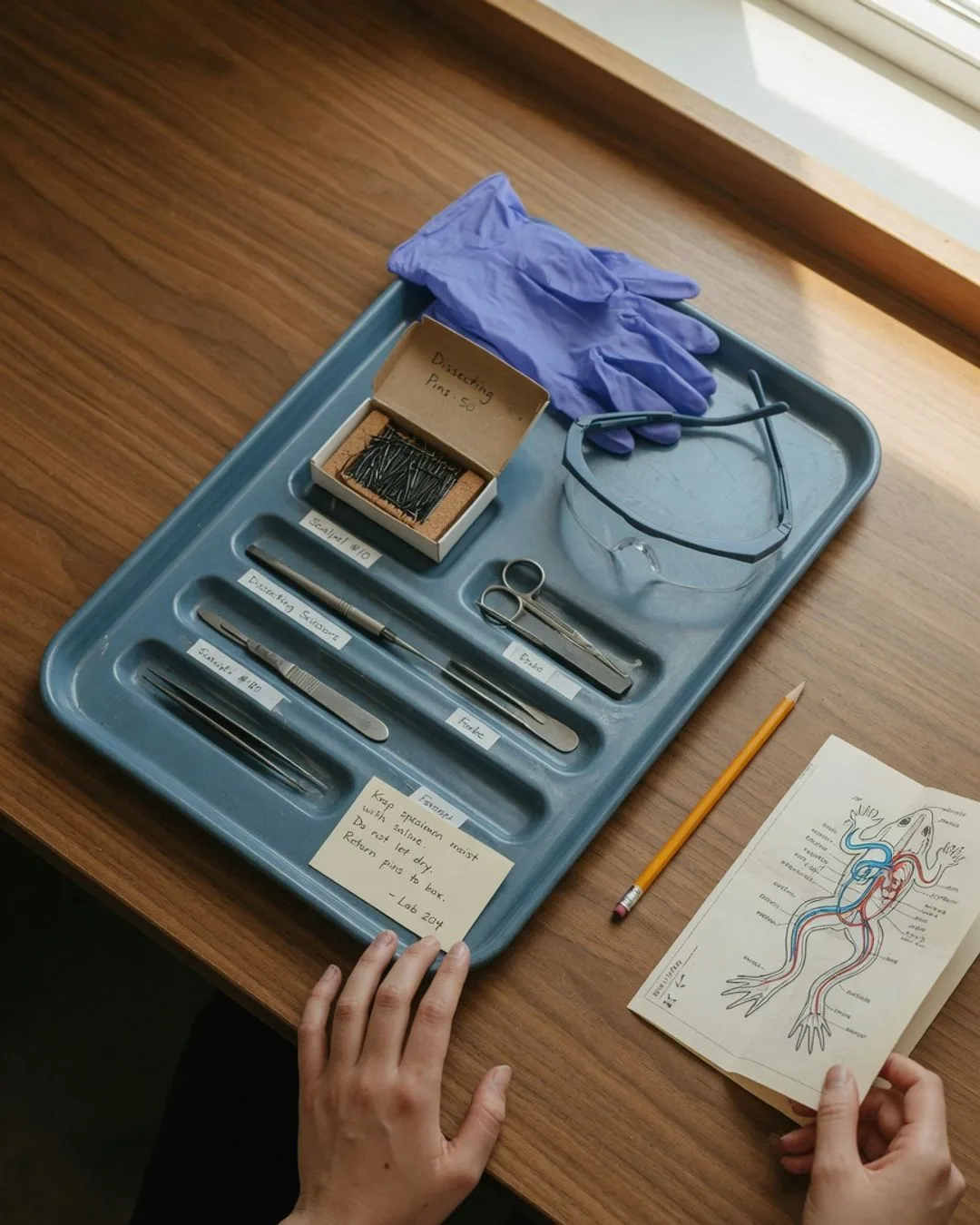 A tray of clean dissection instruments &mdash; scalpel, forceps, scissors, probe, and a ruler &mdash; arranged ready for careful, deliberate work.