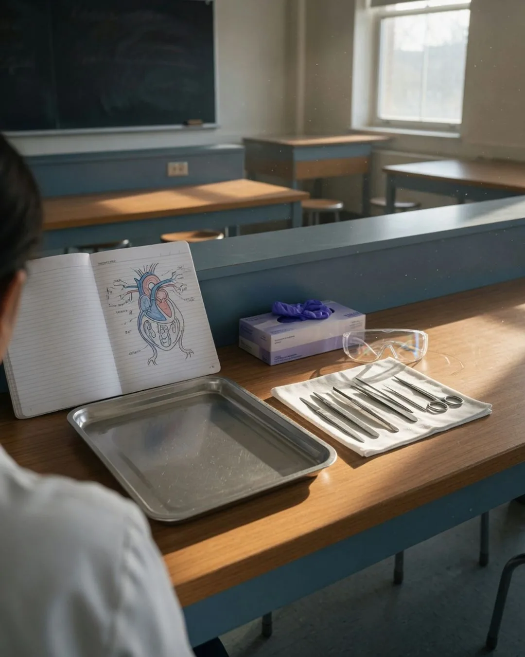 A quiet Saturday-morning dissections lab: paired benches, a clean tray with dissection instruments laid out on cloth, a glove box and goggles, and an open lab notebook with a labeled anatomy diagram in warm natural light.