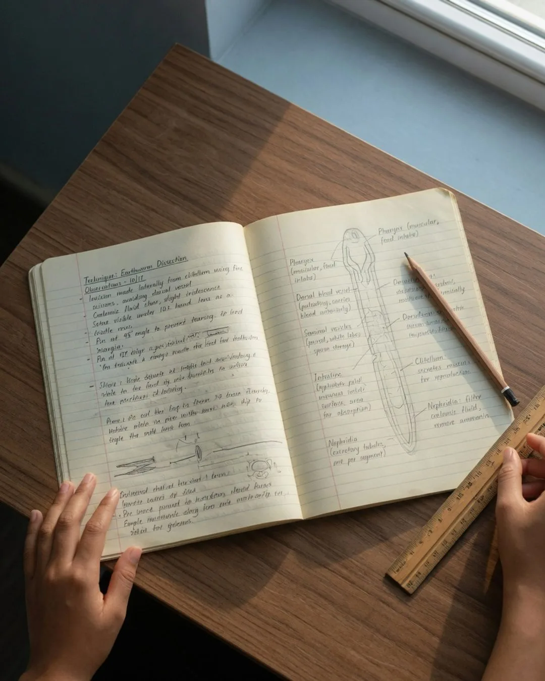 An open lab notebook spread with handwritten technique notes and a labeled anatomy drawing.