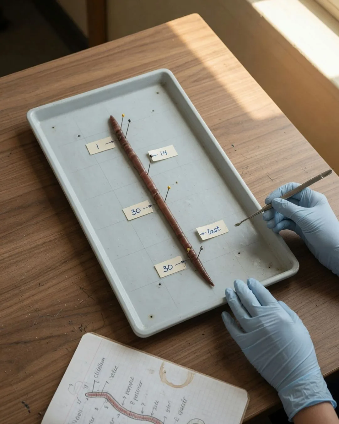A whole preserved earthworm in a dissecting tray, pinned open with small labeled flags marking structures as gloved hands work with a probe.