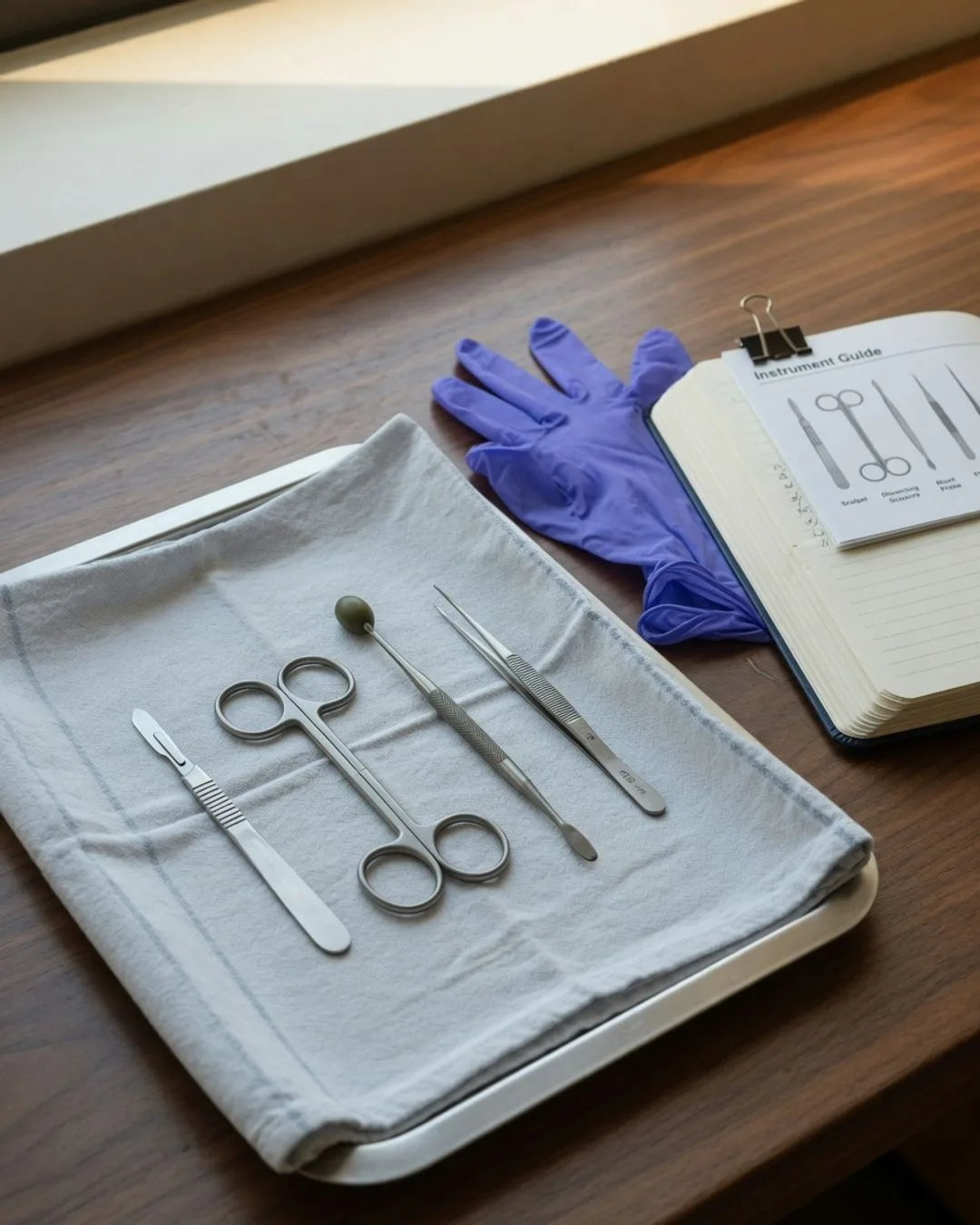A set of dissection instruments — scalpel, forceps, scissors, and a probe — laid out on a cloth beside gloves and goggles at a clean bench.