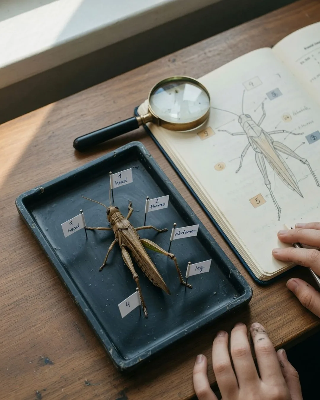 A preserved grasshopper laid out in a clean dissection tray with numbered label flags marking the head, thorax, abdomen, wing, and legs — one specimen on the dissection ladder.