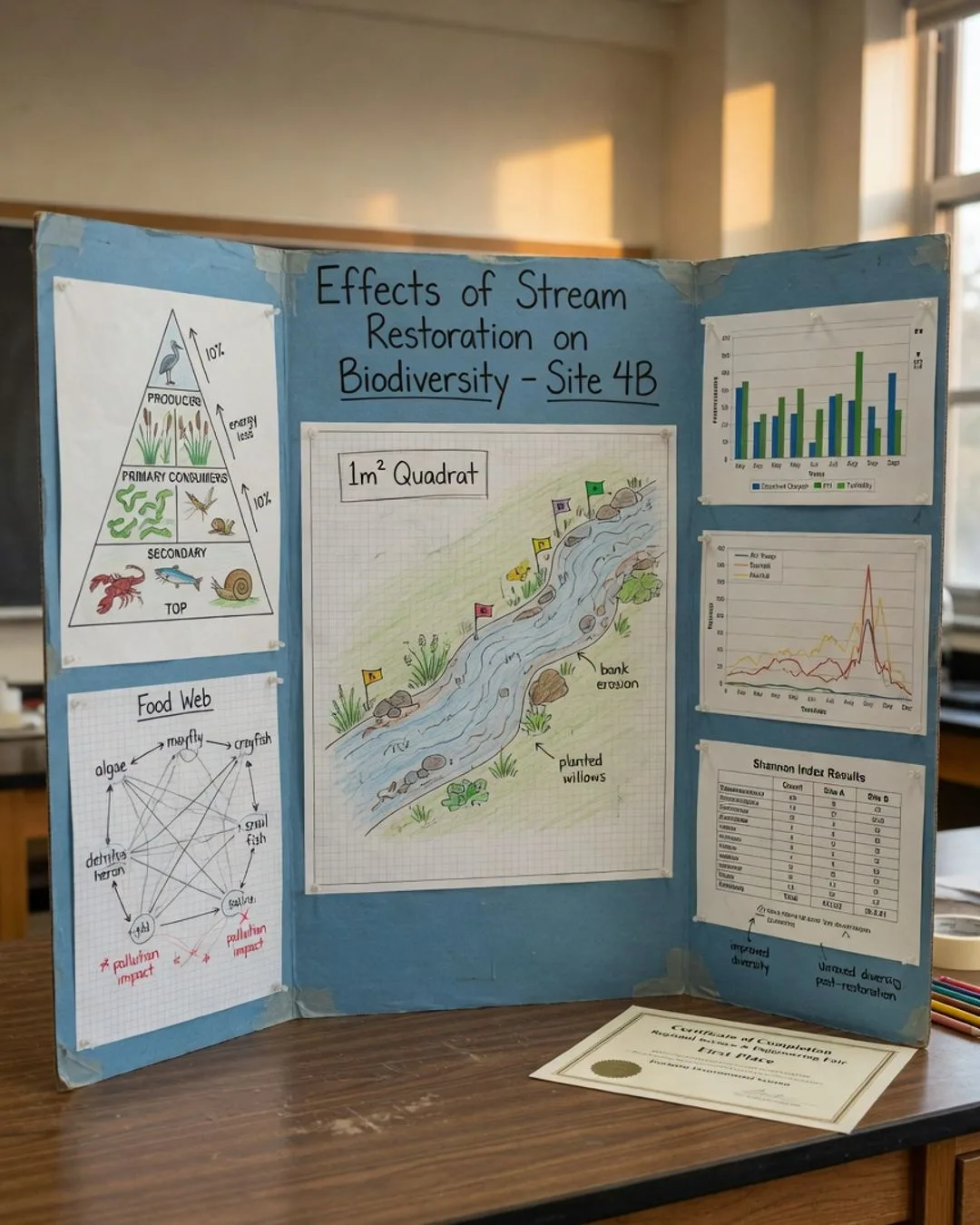 A student presenting results at a capstone defense, gesturing toward their data in front of a small audience.