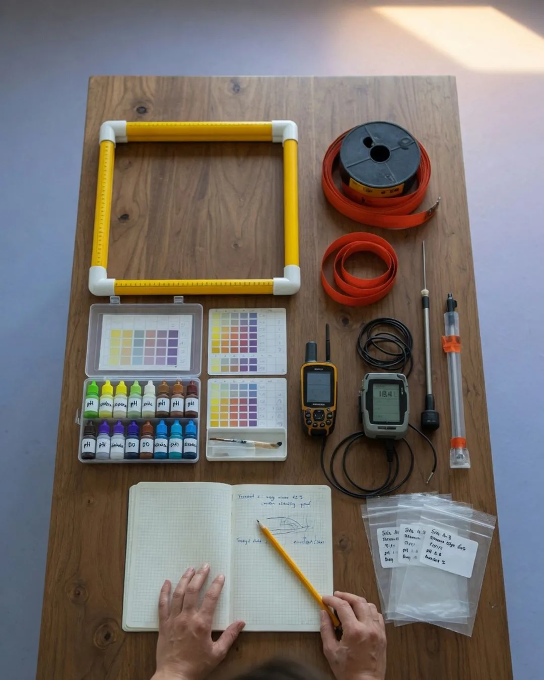 A field water-testing kit laid out ready for use &mdash; a dissolved-oxygen meter, sample vials, a turbidity tube, and labeled sample bottles arranged for precise measurement.
