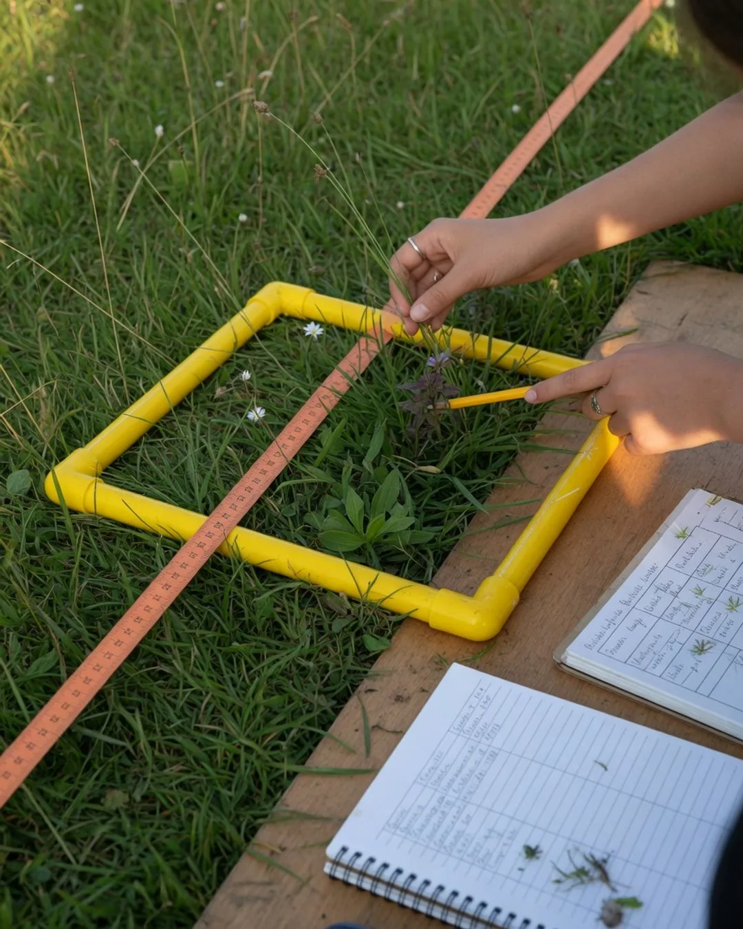A quadrat frame set on meadow grass with a student counting and recording the plant species inside it, a transect tape running toward the horizon.