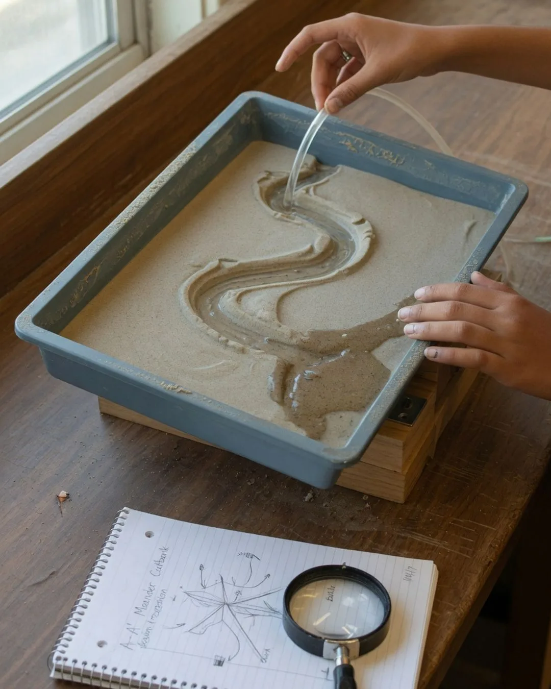 A stream-table erosion model: water carving a meandering channel through sand and depositing a small sediment fan as a student adjusts the inlet.