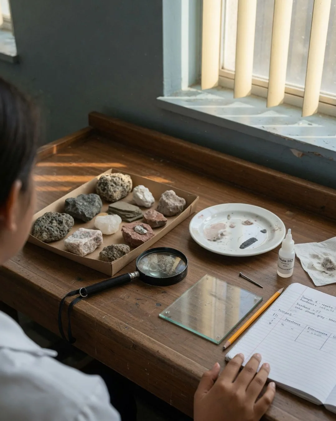 A quiet Saturday-morning earth-science lab: paired benches with a tray of rock specimens, a hand lens and a streak plate, and an open lab notebook in warm natural light.