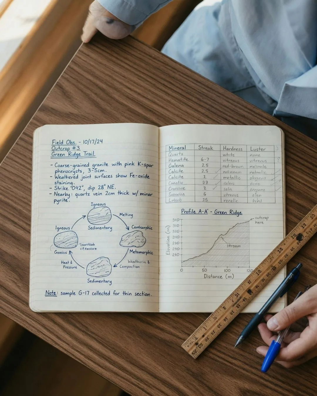 An open lab notebook spread with handwritten field observations, a labeled rock-cycle diagram, and a tidy mineral-properties table.