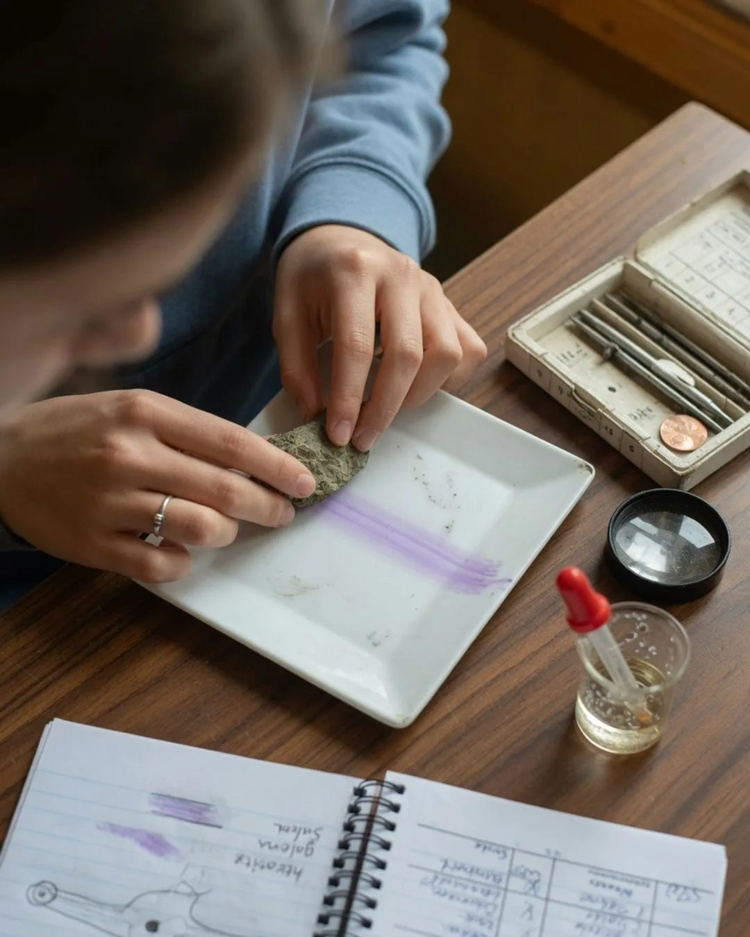 A student dragging a mineral across a white streak plate to reveal its streak, a hand lens and hardness kit beside it on the bench.