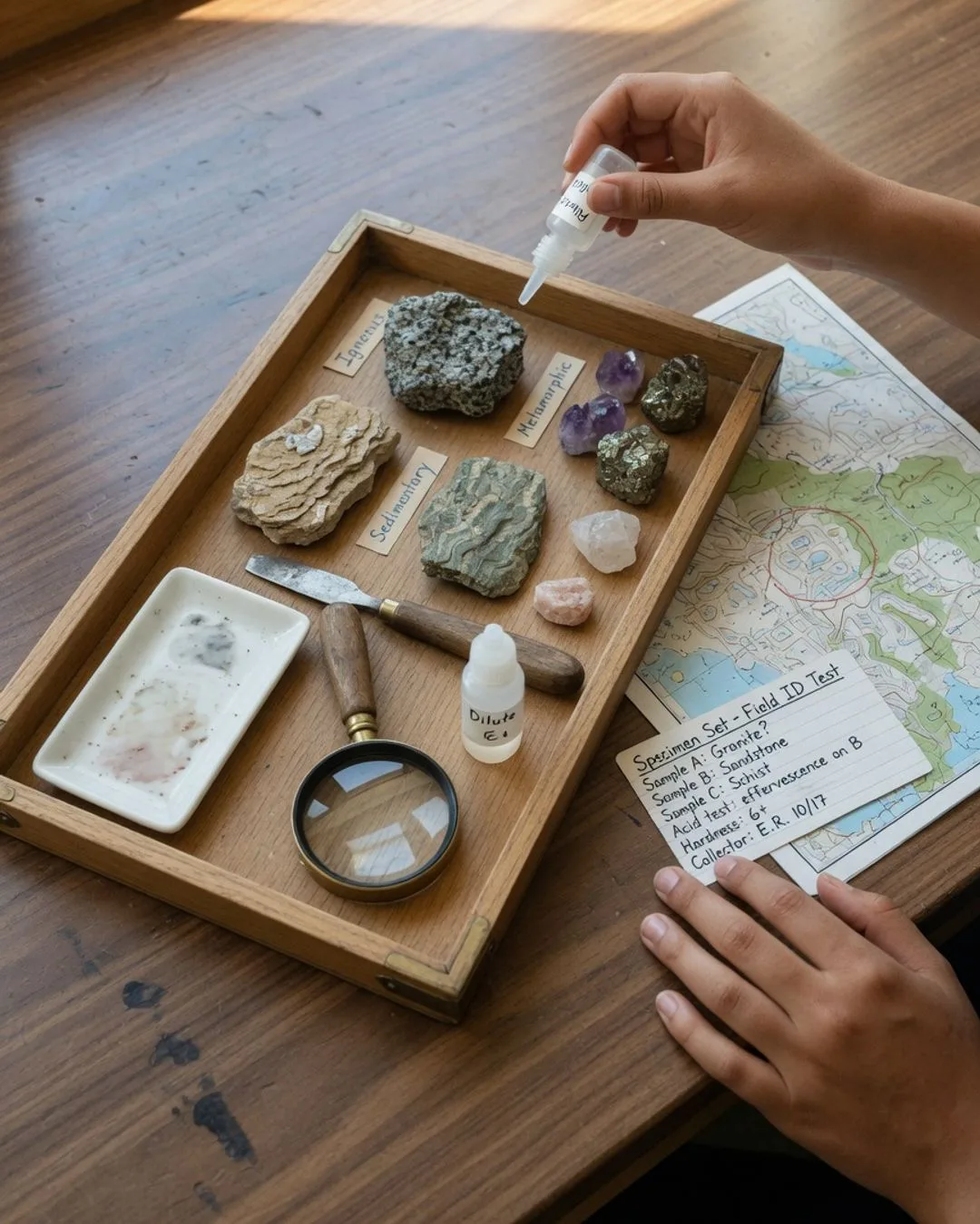 A specimen tray with a hand lens, a hardness kit and steel pick, a streak plate, and a rolled topographic map, arranged ready for careful reading and measurement.