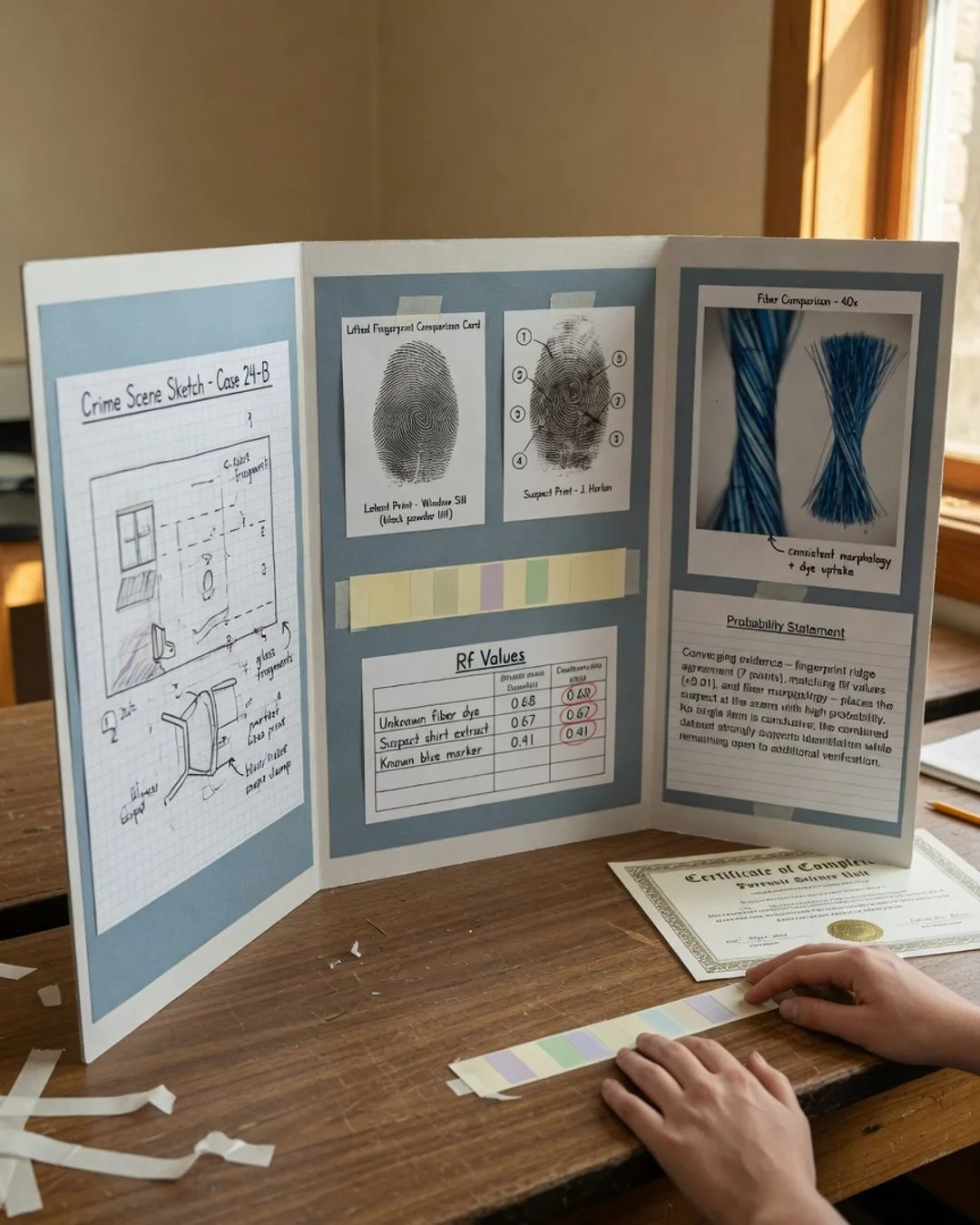 A mock-case tri-fold display board &mdash; a crime-scene sketch, a fingerprint comparison card, a fiber comparison, an Rf-value table, and a probability statement that stops short of claiming certainty.