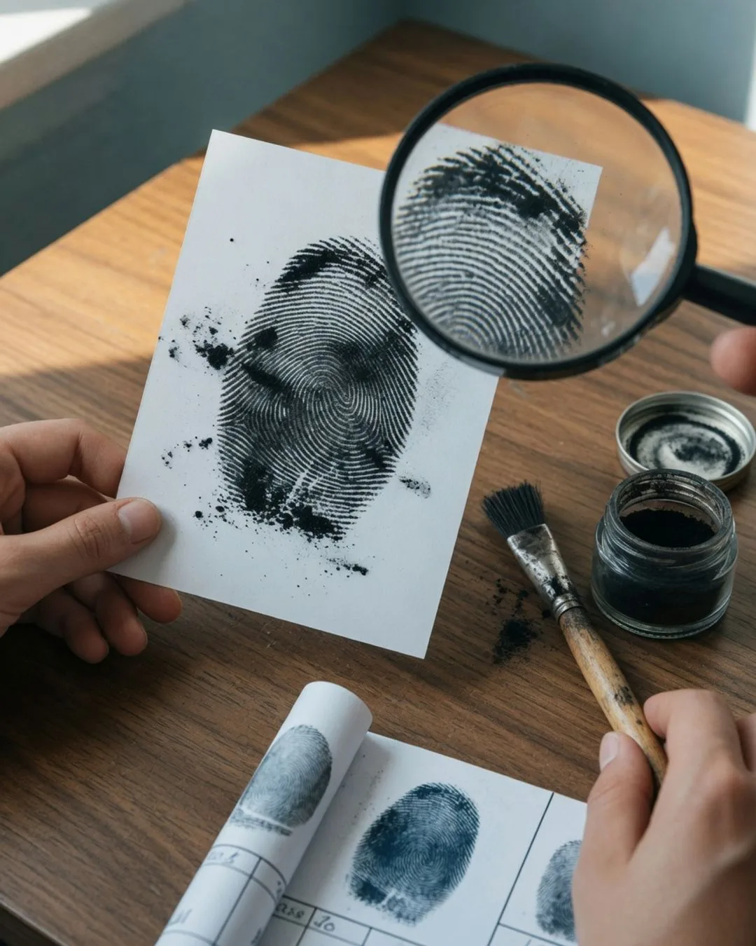 A black-powder fingerprint lifted onto a white card, its ridges and whorls magnified under a hand lens beside a fingerprint brush and a reference comparison strip.